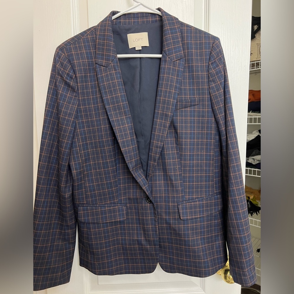 Loft Navy Tan Plaid Blazer